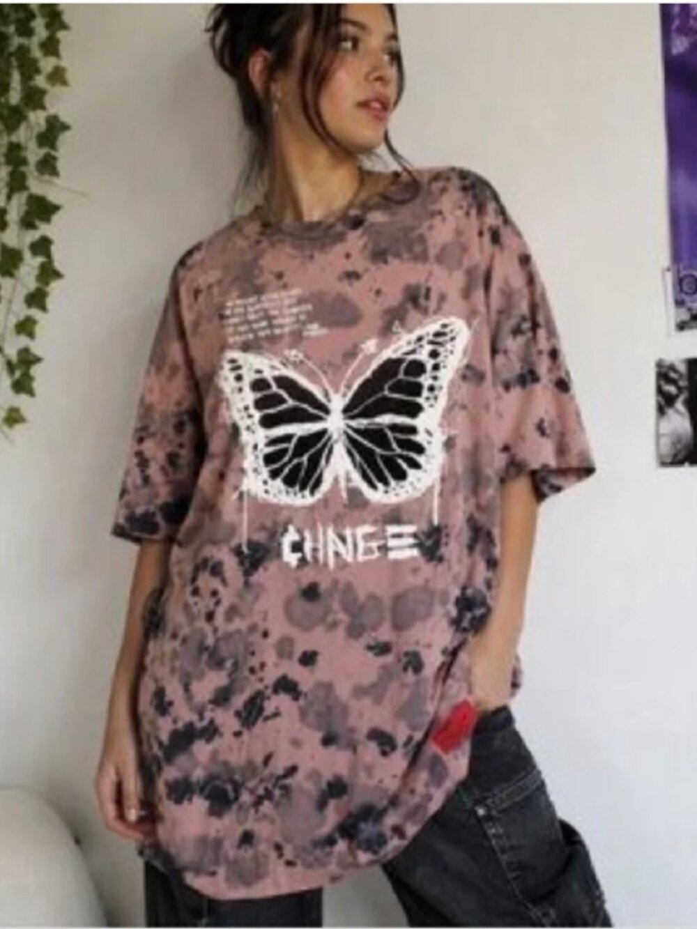NEW CHNGE Tie-Dye Tee Shirt Dress w Butterfly Stamp Design 100% Organic Cotton